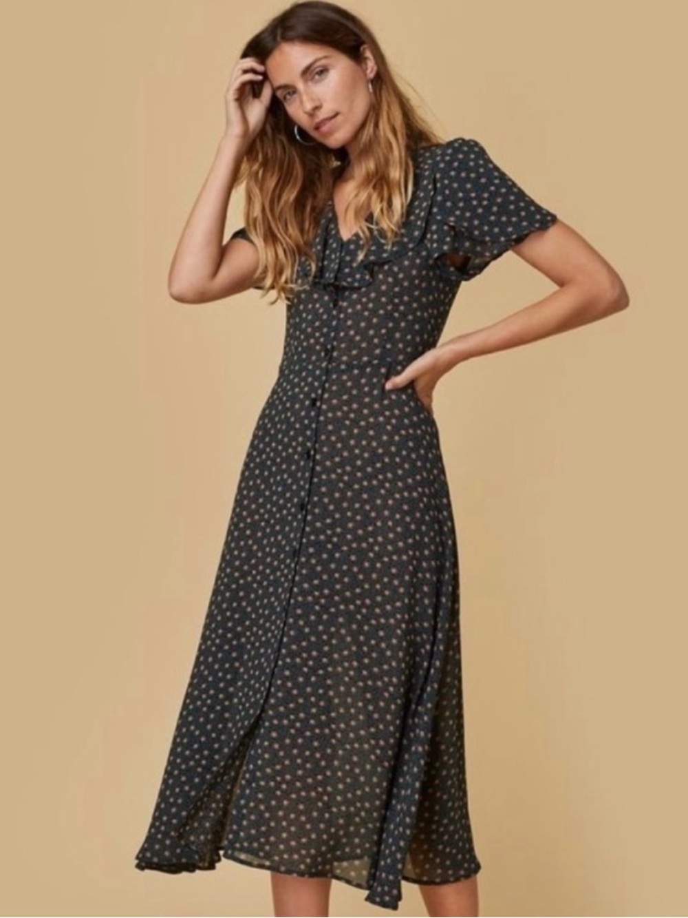 Christy Dawn Daisy Navy/Green Floral Ruffle Midi Dress